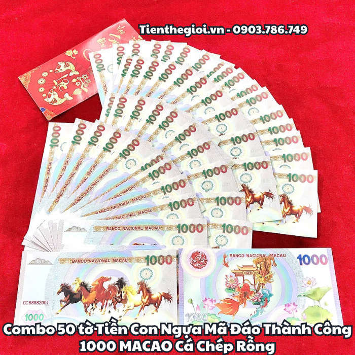 Combo 50 tờ Tiền Lưu Niệm 1000 Macao Mã Đáo Thành Công Cá Chép Rồng